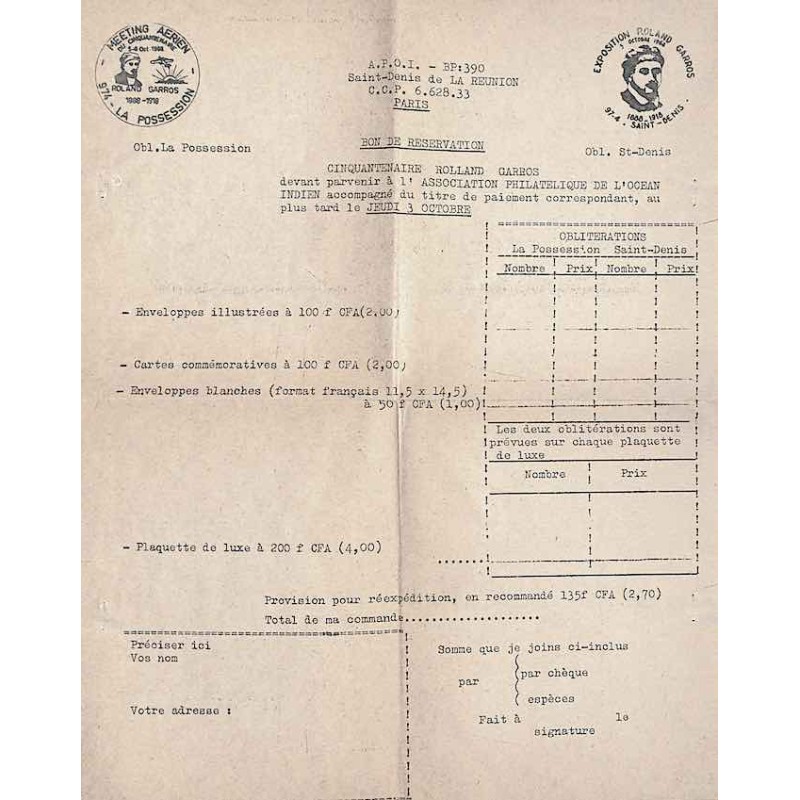 CINQUANTENAIRE ROLLAND GARROS 1964 Bon de commande APOI