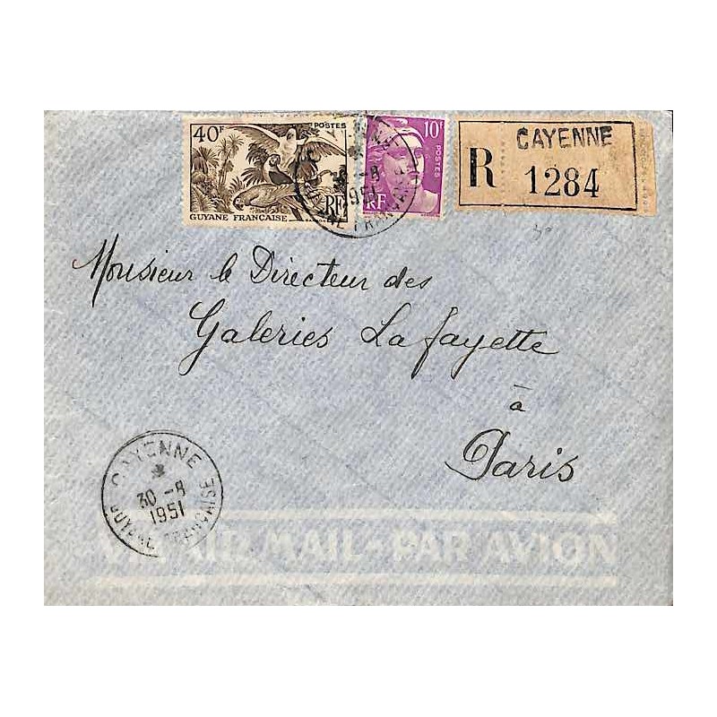 1951 Lettre affranchie 50 f. Oblitération CAYENNE GUYANE-FRANCAISE