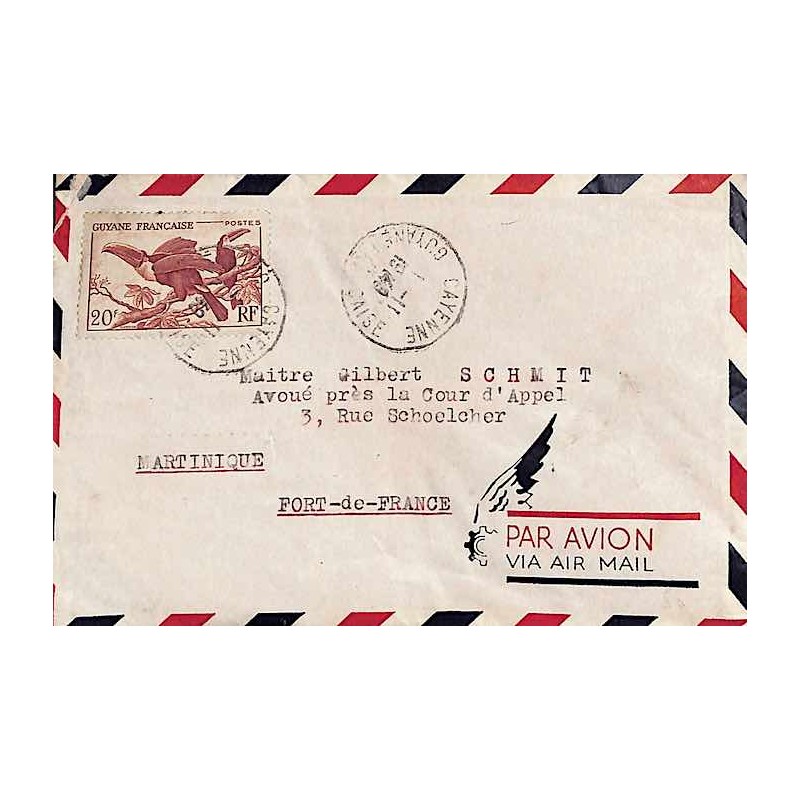 1949 lettre avion pour la Martinique  CAYENNE GUYANE-FRANCAISE (verso léger défaut)