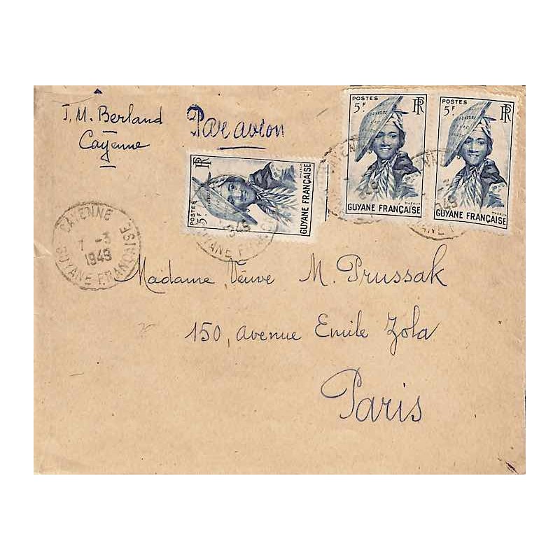 1949 lettre avion pour la France 1949 Oblitération CAYENNE GUYANE-FRANCAISE
