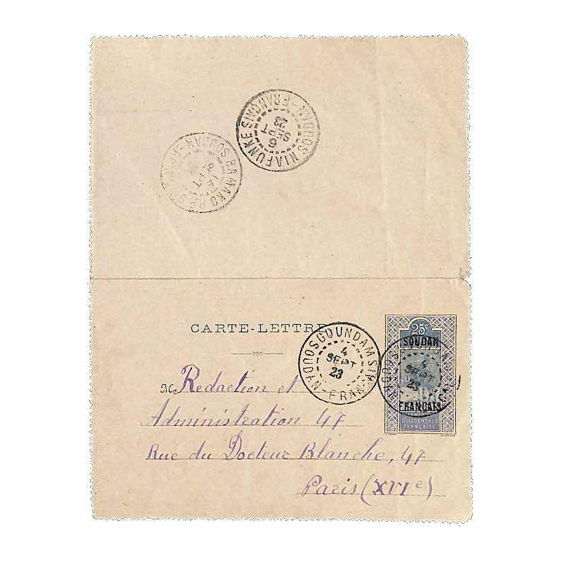 1923 Carte-lettre entier postal 25 c GOUNDAM SOUDAN-FRANÇAIS